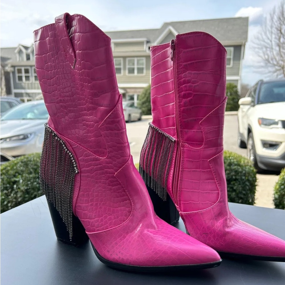 Nasty Gal Hot Pink Croc-Embossed Fringe Western Heeled Boots